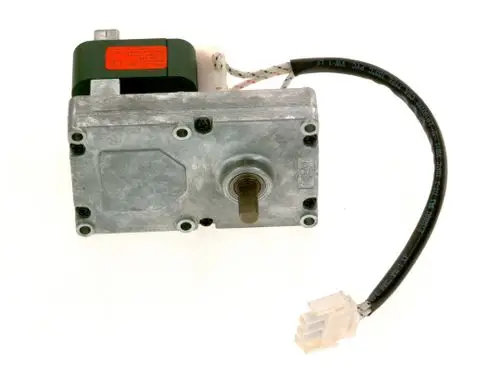 Bosch-Motor mit einer Metallgehäuse, einem drehbaren Wellenstumpf an der Vorderseite und einem Kabelanschluss auf der Seite.